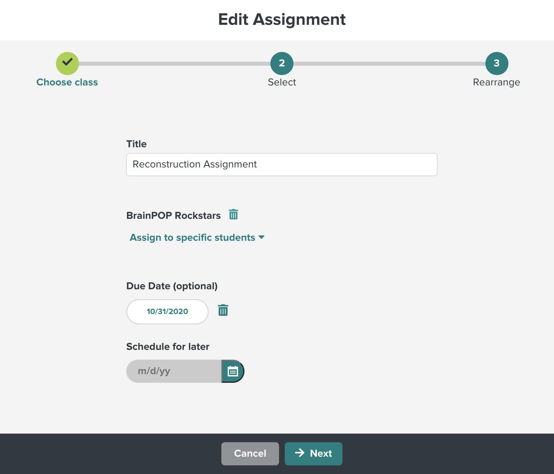 image of the assignment editor with the next button included