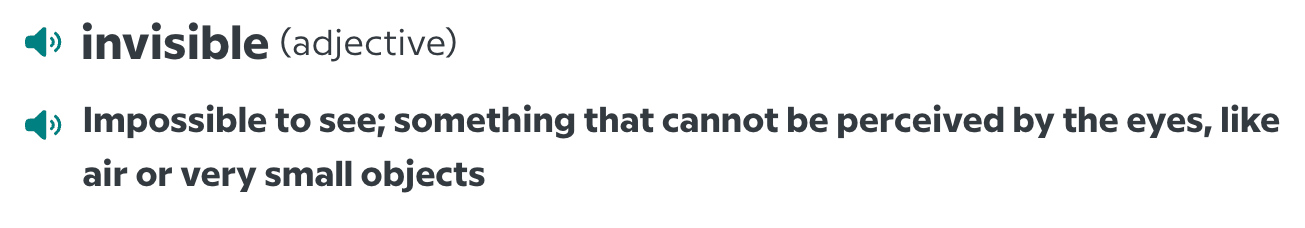 An example definition provided by Reading Scaffolds for the word "invisible" (adjective): Impossible to see; something that cannot be perceived by the eyes, like air or very small objects