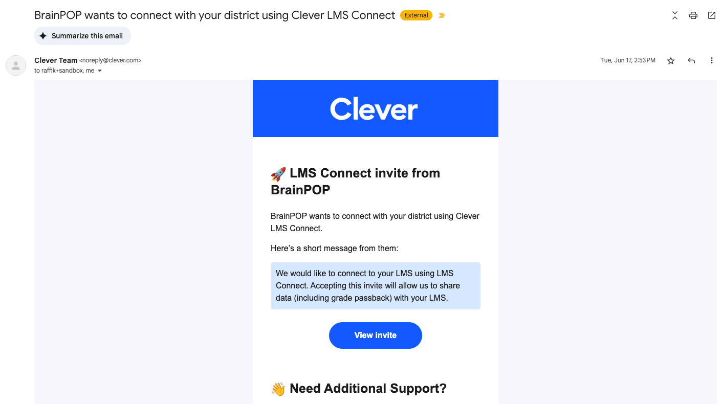An email containing a Clever LMS Connect invite from BrainPOP