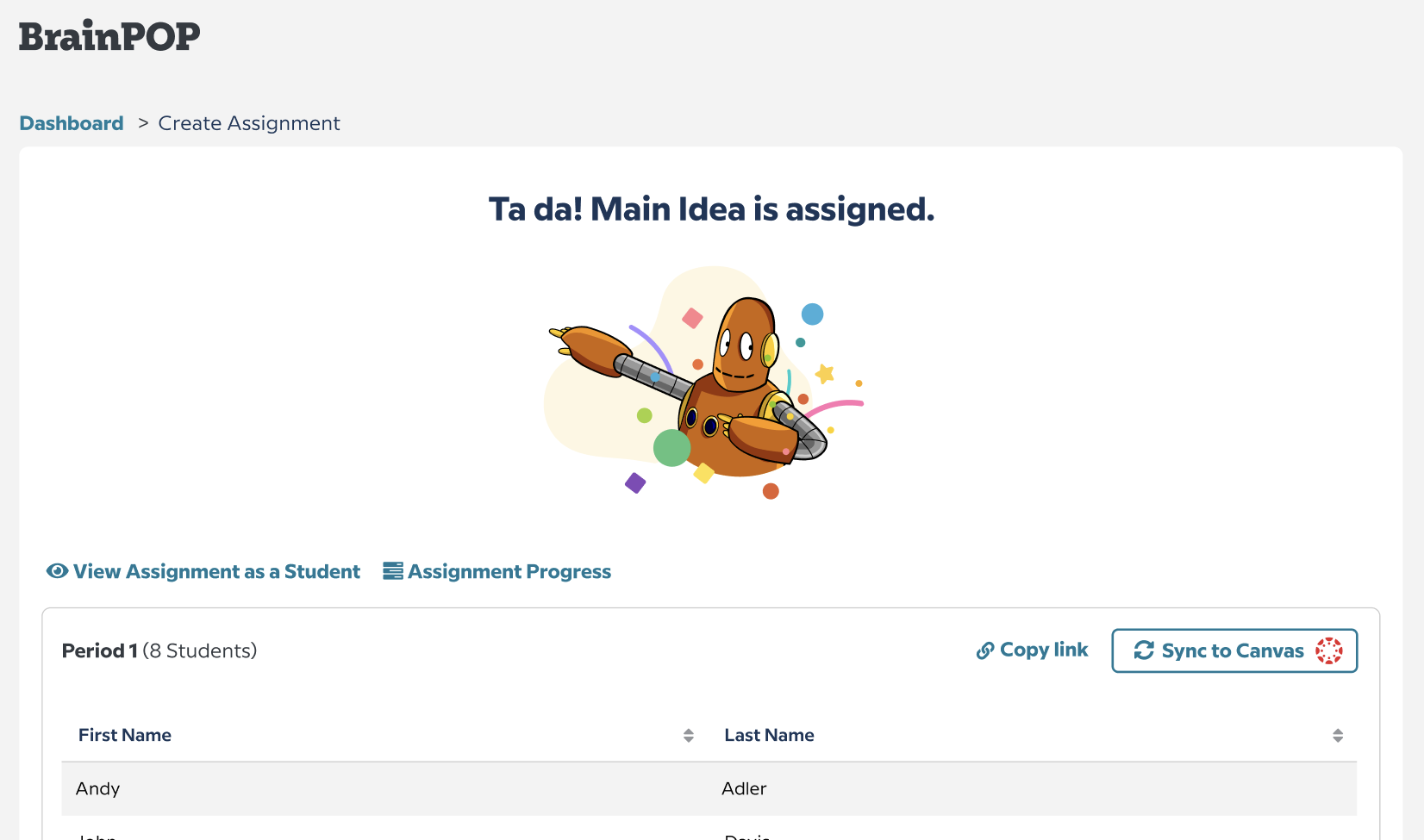 A teacher's assignment confirmation page, including the LMS Connect button to Sync to Canvas
