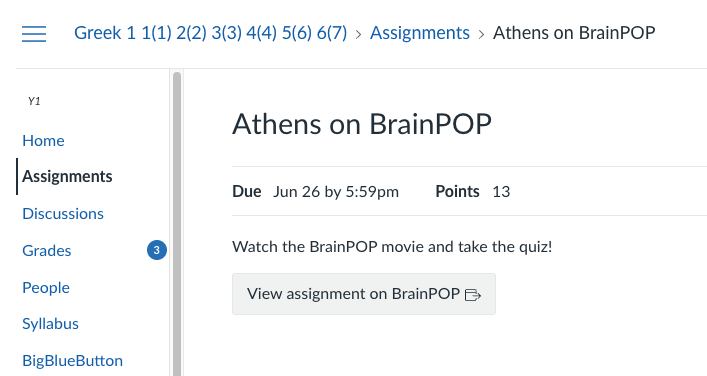 A student view of a BrainPOP assignment synced by Clever LMS Connect. The assignment name "Athens on BrainPOP" is shown along with the assignment Due date, Points, teacher instructions saying "Watch the BrainPOP movie and take the quiz!" and a link to "View assignment on BrainPOP"