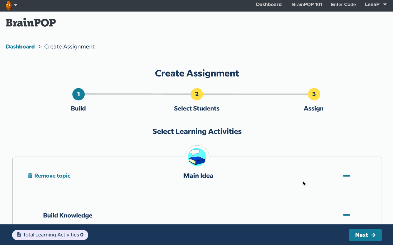 An animated image of an assignment being created in the BrainPOP assignment builder. The Movie with Pause Points is selected using the 3rd - 4th Grade question set, and then the class named Period 1 is selected. The assignment is named Main Idea and assigned. On the confirmation page, a Sync to Canvas button appears and is clicked. It changes to display the text "Sync in progress" and then a success notification reads "Success! Assignments and grades are now synced to your LMS!"