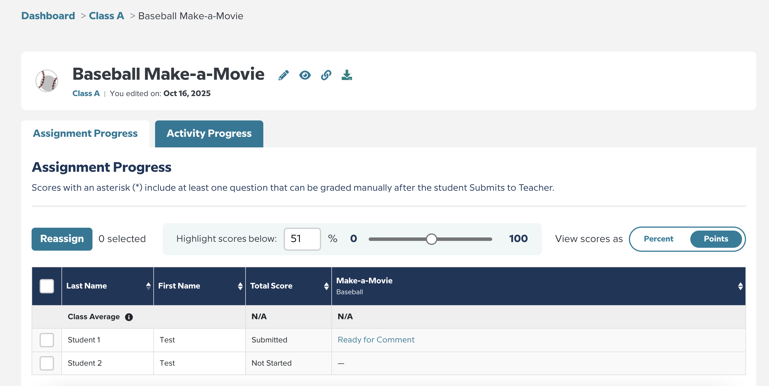 Image of Make-a-Movie in the Teacher's Assignment Dashboard
