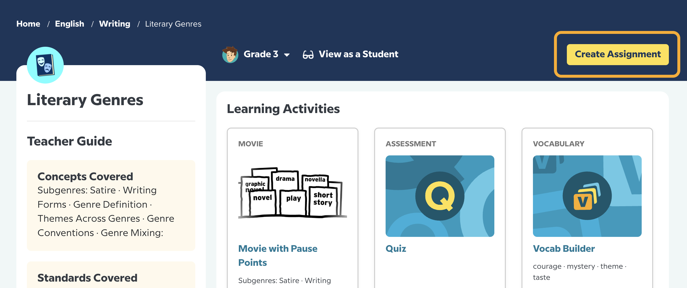 A BrainPOP topic page featuring the Create Assignment button in the header, above the topic's Learning Activities