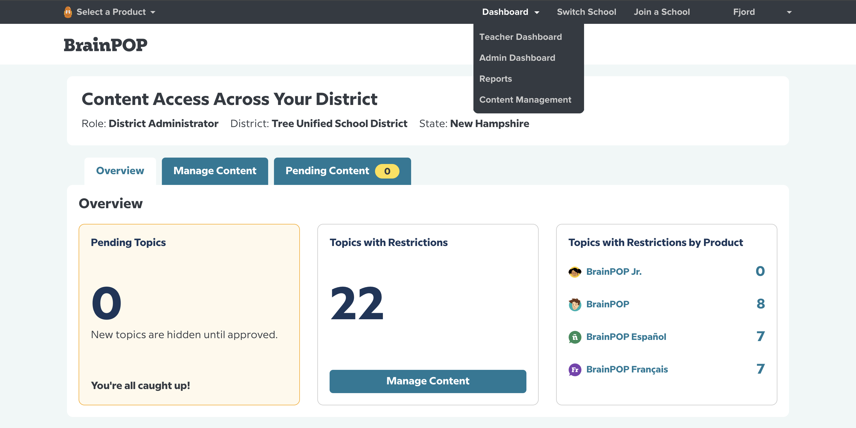 The Overview tab of the BrainPOP Content Management Tool. The header reads "Content Across Your District" and identifies the Role as District Adminnistrator, the District as Tree Unified School District, and the State as New Hampshire. Three tabs are labeled Overview, Manage Content, and Pending Content. In the Overview tab, a Pending Topics tile indicates 0 New topics are hidden until approved. "You're all caught up!" A Topics with Restrictions tile indicates "22" with a "Manage Content" button beneath it. And a Topics with Restrictions by Product tile shows BrainPOP Jr. 0, BrainPOP 8, BrainPOP Español 7, and BrainPOP Français 7. At the top of the page, the Dashboard dropdown-menu is open and lists Teacher Dashboard, Admin Dashboard, Reports, and Content Management.